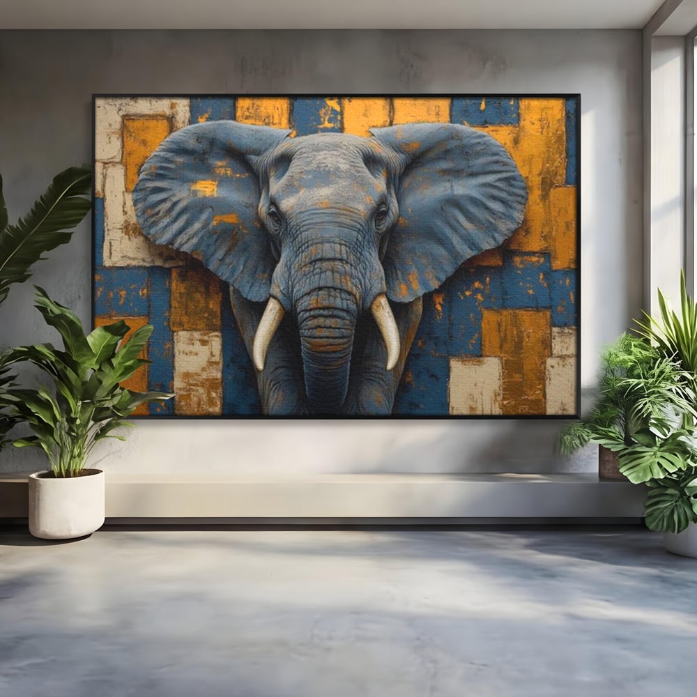 Tablou canvas cu tablou canvas cu cap de elefant, in rama de aluminiu negru